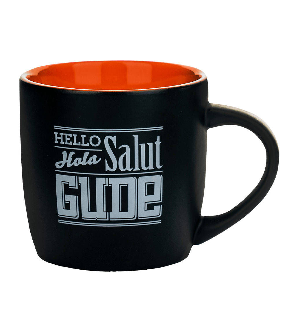 Hello, Hola, Salut, GUDE - GUDE Tasse, schwarz