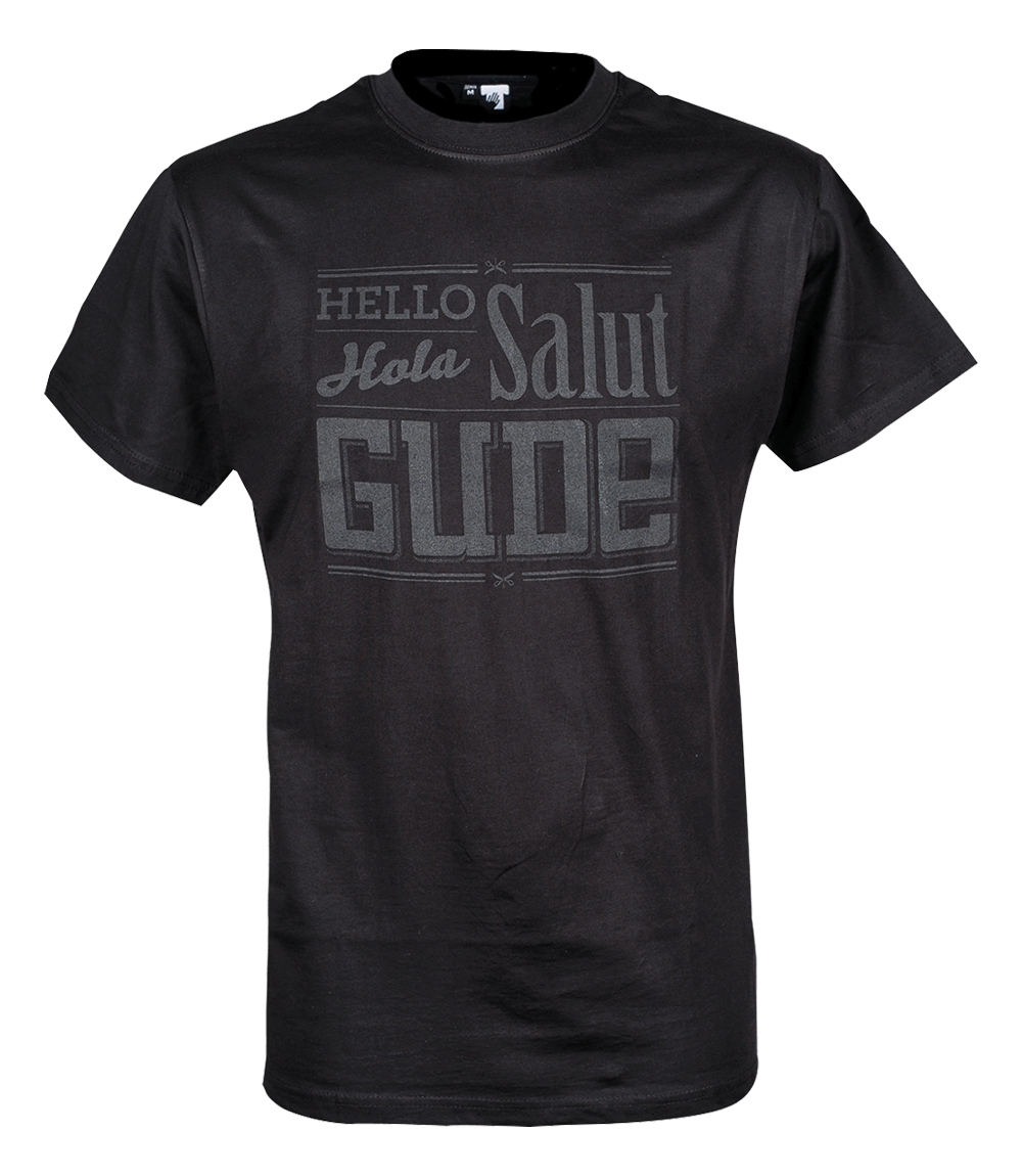 Hello, Hola, Salut, GUDE - Shirt, schwarz auf schwarz